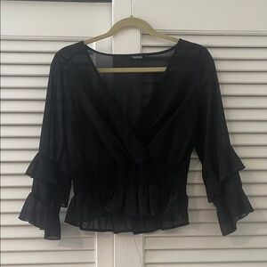 Boohoo Sheer Black Ruffle Blouse